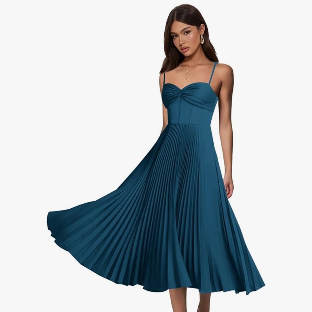 Elegant Teal Pleated Midi Dress